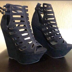 JustFab Black Faux Suede Cage Wedges